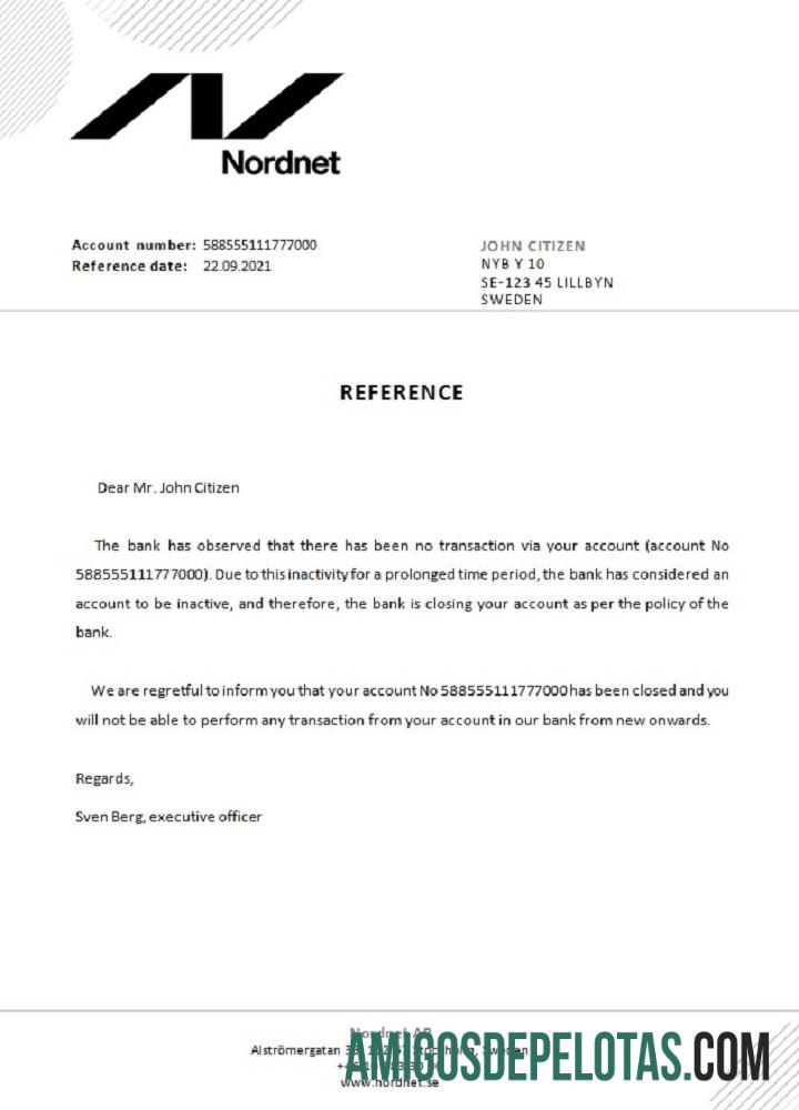 Referência de encerramento da Suécia Nordnet amostra